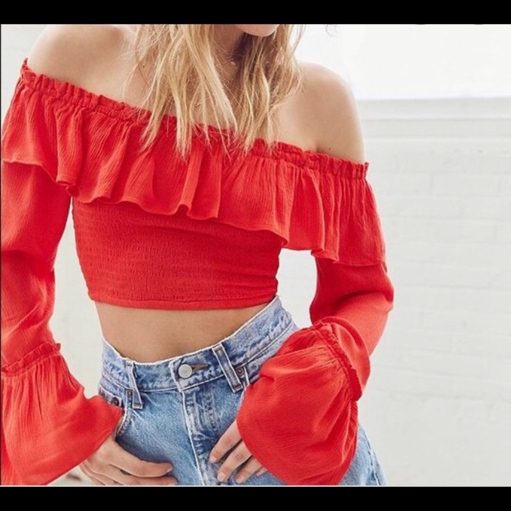Off the shoulder red long sleeve crop top